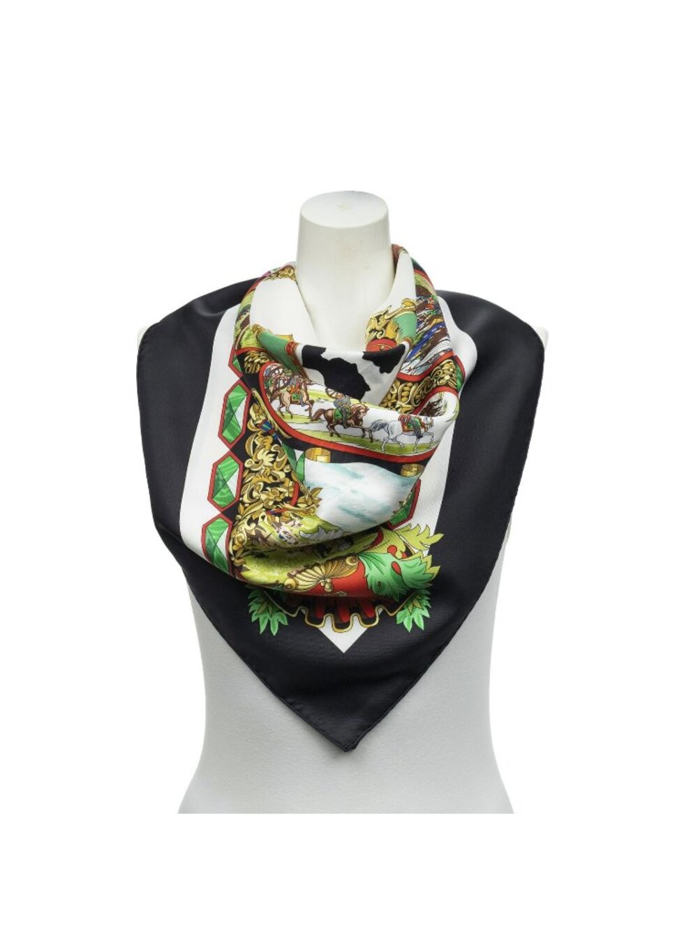 Hermes Scarf Black White Green Twill Silk